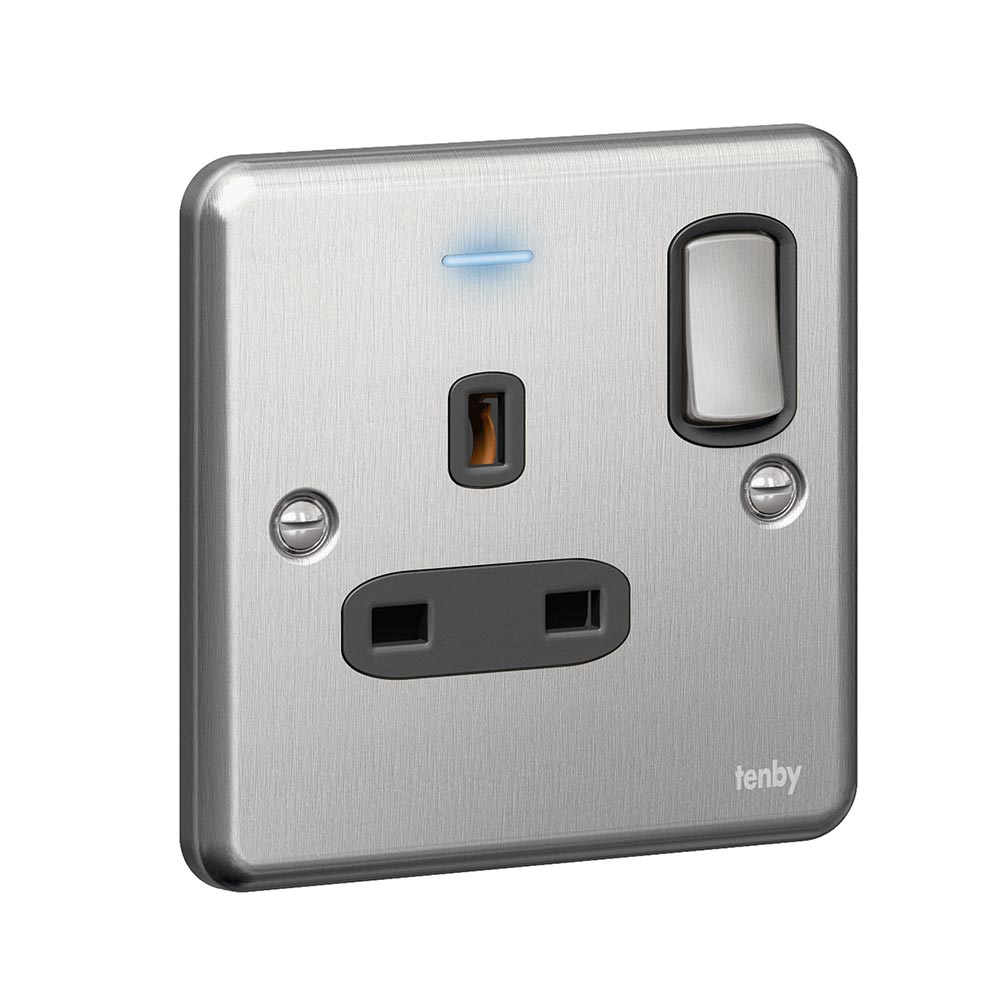 Tenby Single pole socket outlets 13 A - 250 V 1 gang - switched Brushed Stainless Steel