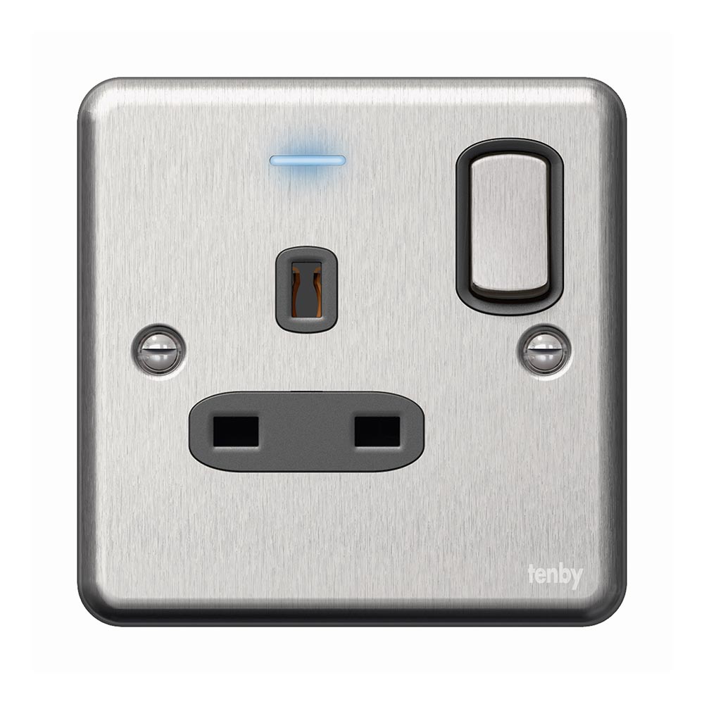 Tenby Single pole socket outlets 13 A - 250 V 1 gang - switched Brushed Stainless Steel