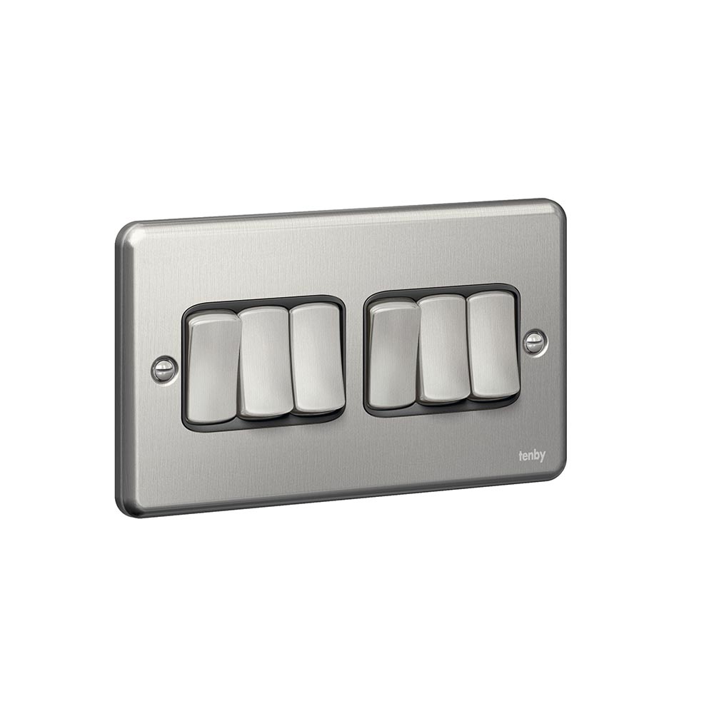 Plate switches 10 AX - 250 V 6 gang - 2 way Brushed Stainless Steel