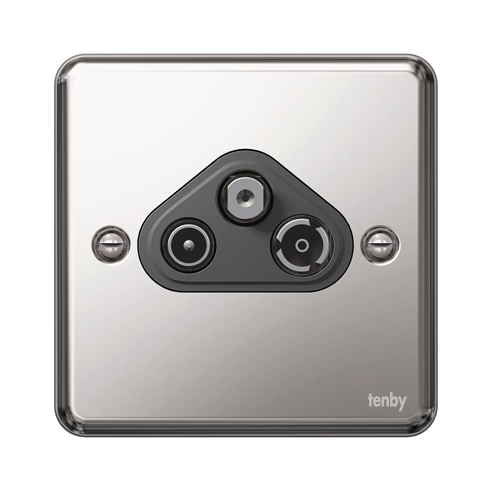 Tenby TV, radio and satellite sockets Screened TV + FM + satellite Brushed Stainless Steel