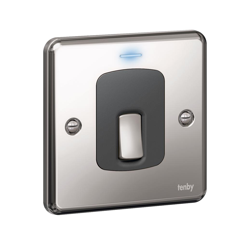 Tenby Double pole switch 20 A - 250 V 20 A DP + power indicator polished stainless steel